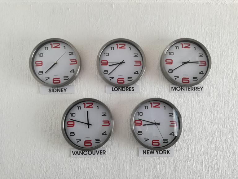 Picture of clocks with the time in the city indicated below the clock - Working across timezones