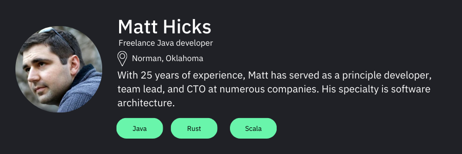 Hire dedicated Java developers | Card of user named Matt Hicks