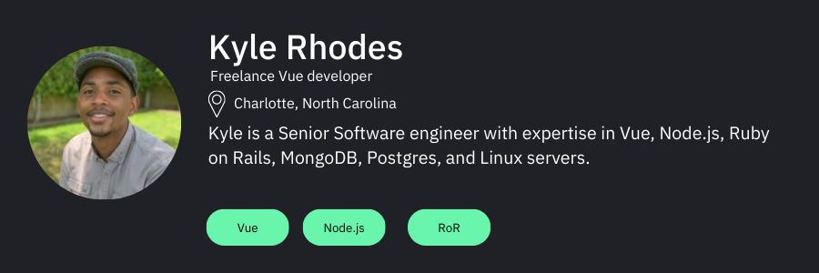 Hire dedicated Vue.js developers | Card of user named Kyle Rhodes