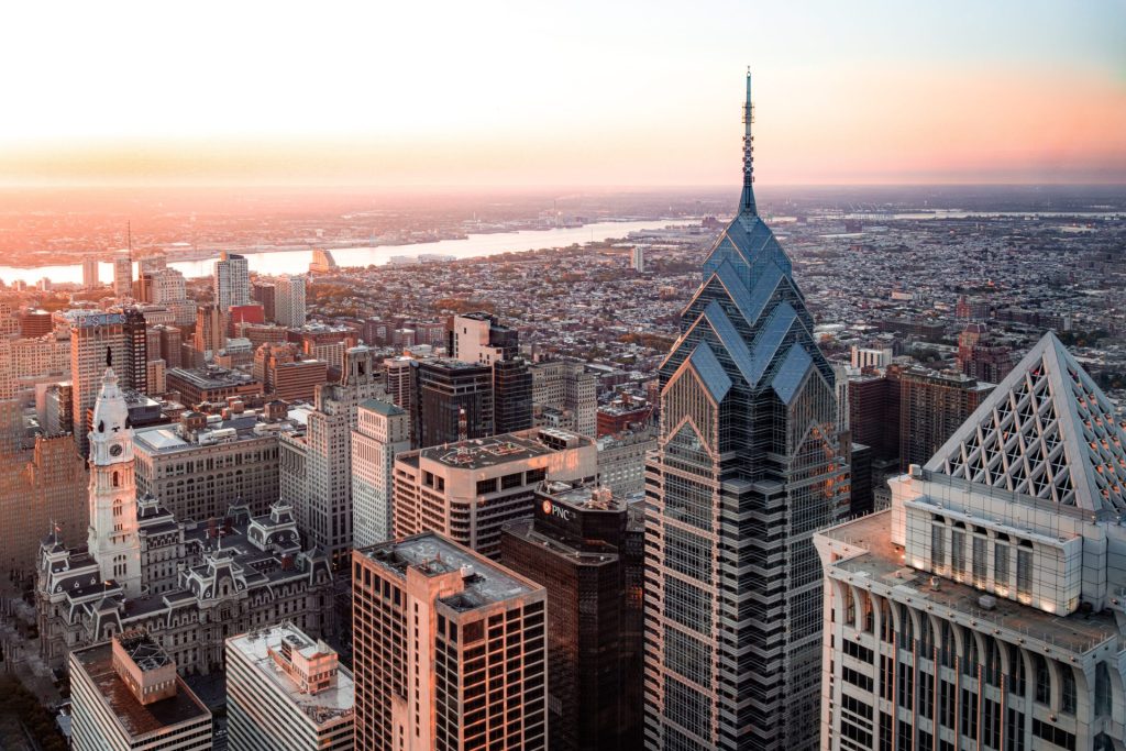 Aerial sunset photograph of the Philadelphia skyline