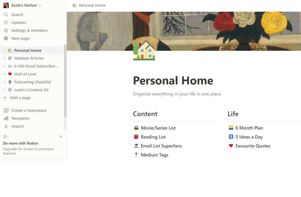 Screenshot of Notion Personal Home page