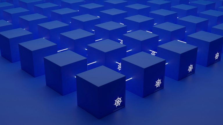 An illustration of blue cubes with the white Kubernetes symbol