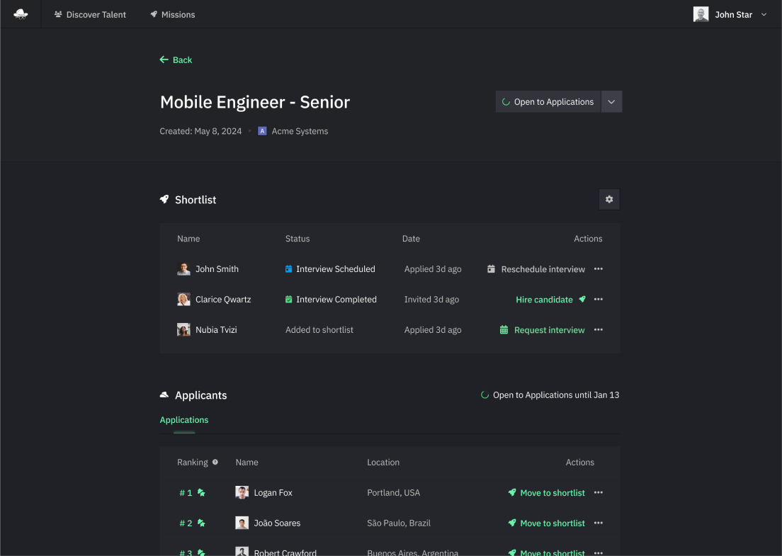 Gun.io mission page with shortlist and software engineer applicants screenshot
