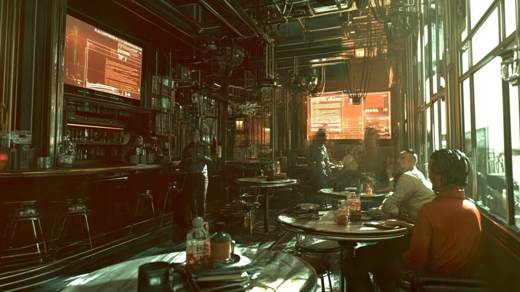 A futuristic desert trading post where old meets new - modern holographic displays float above weathered wooden tables, while tech prospectors share stories under the glow of twin moons and neon lights, symbolizing how valuable knowledge flows through organizations.