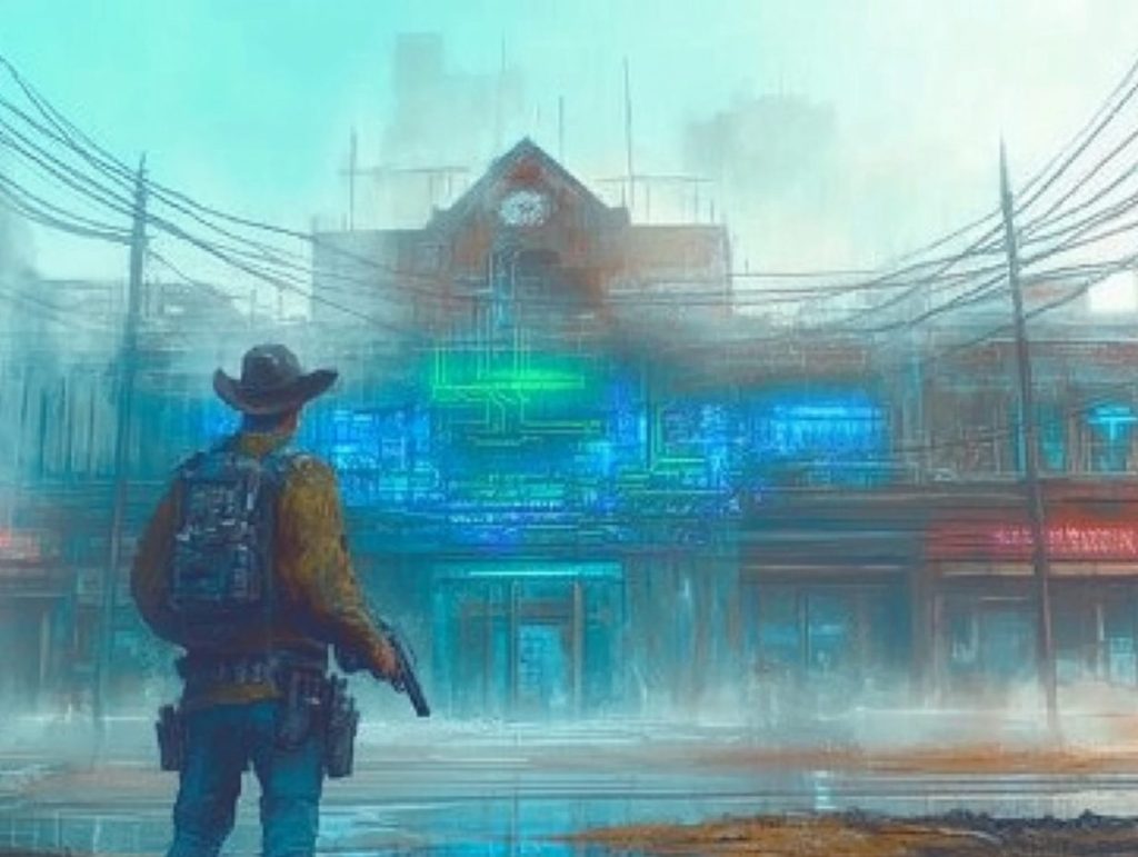 A futuristic gunslinger in a dusty, space-western frontier town. A worn and dilapidated government building looms behind him, while neon circuitry and data terminals spill onto the sand. The cinematic scene evokes a tense standoff, blending classic Western grit with sci-fi technology.