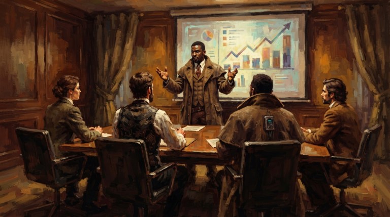 An oil painting of a business leader standing at the head of a conference table, presenting business growth charts on a projector screen to a boardroom. The executives sit attentively in a warm, wood-paneled office setting as the speaker gestures toward rising performance trends.