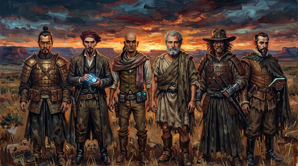 Historical authors Sun Tzu, Machiavelli, Kautilya, Aristotle, Miyamoto Musashi, and Baltasar Gracián stand in an old west inspired scene