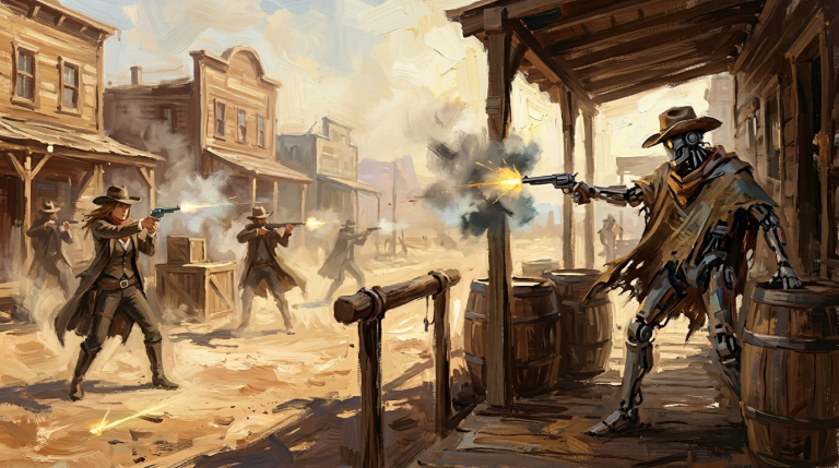 Humans having a gunfight battle with a robot