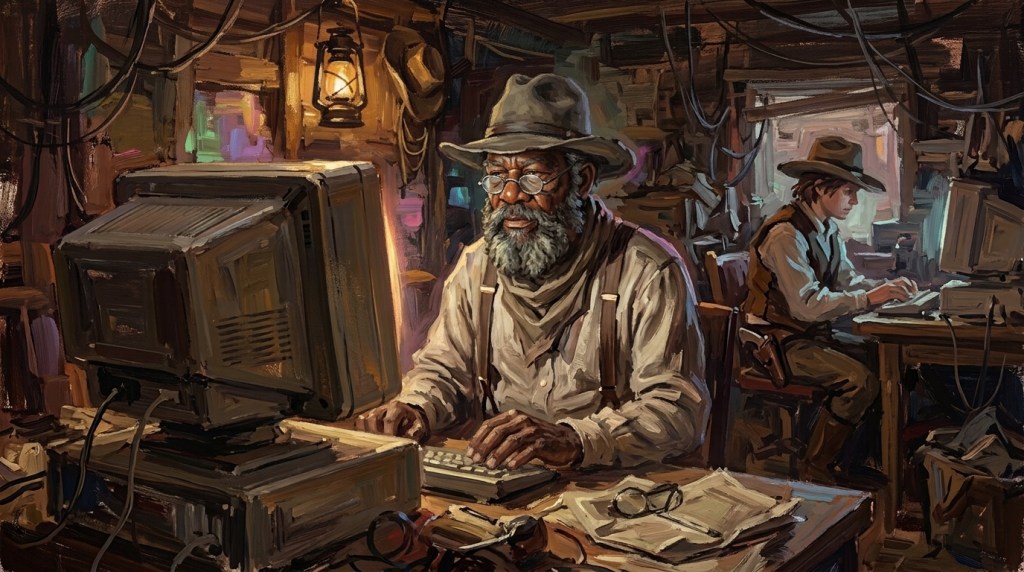 An older developer working next to a young developer
