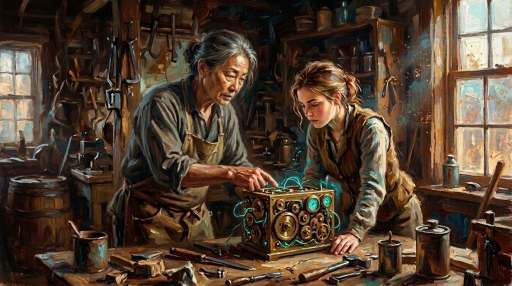 A master teaching an apprentice in a shop