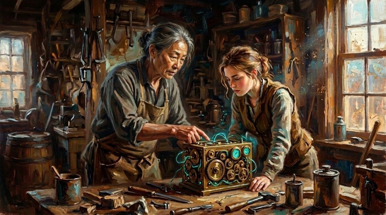 A master teaching an apprentice in a shop