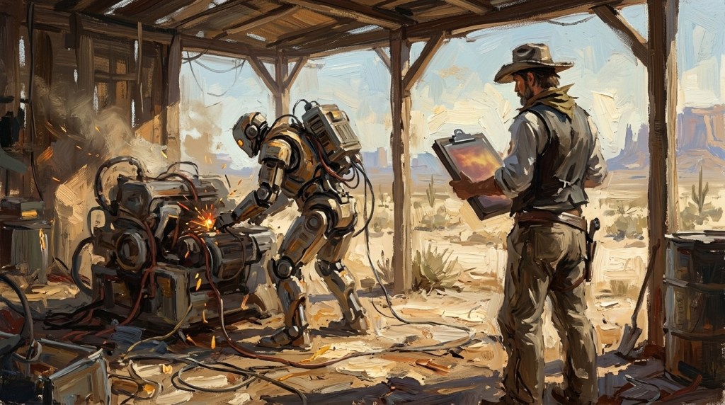 A human supervising the work of a robot