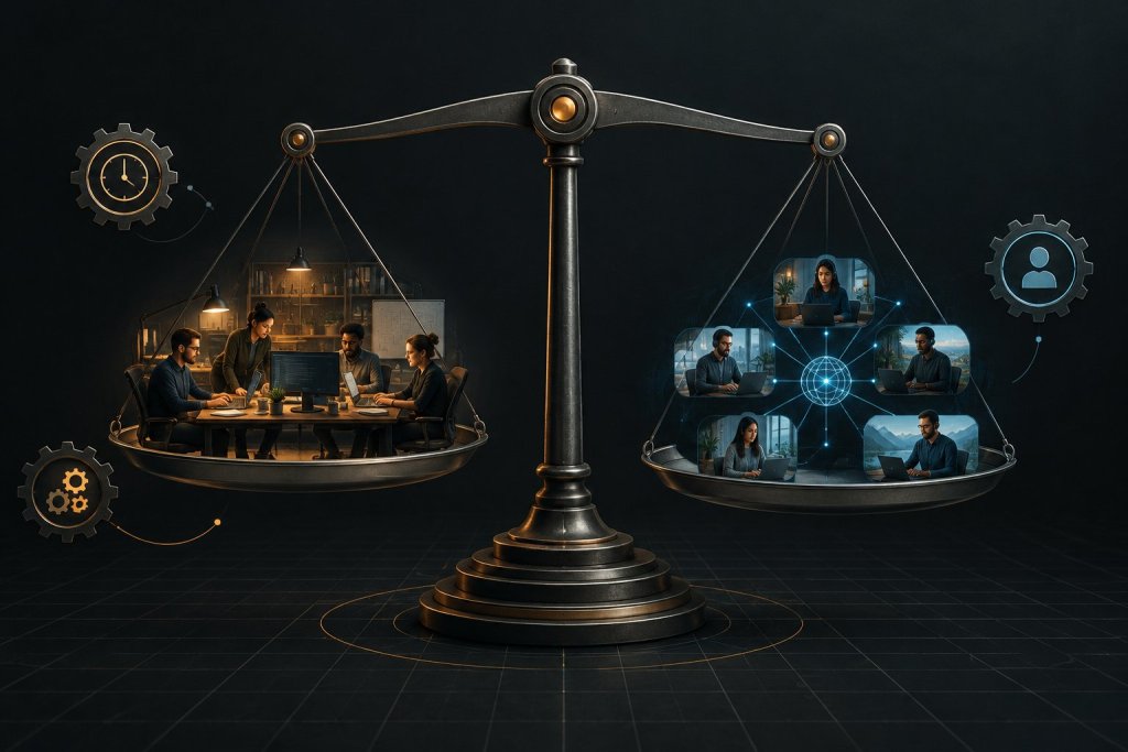 Balance scale weighing an in-house engineering team against an outside team, illustrating in house vs outsourcing software development