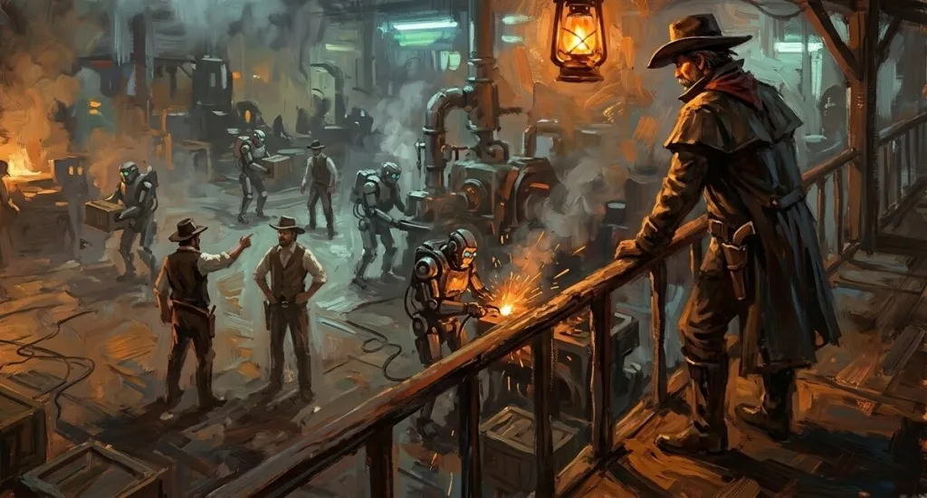 Human workers overseeing robotic workers on a factory floor