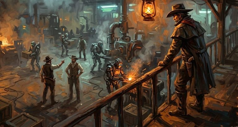 Human workers overseeing robotic workers on a factory floor